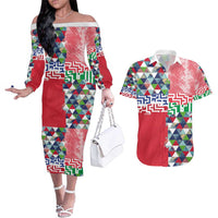 Hawaiian Floral Kakau Tropical Leaves-Sporty Style Couples Matching Off The Shoulder Long Sleeve Dress and Hawaiian Shirt