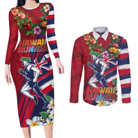 Hawaii Runner-Kakau Art with Lei and Plumeria Couples Matching Long Sleeve Bodycon Dress and Long Sleeve Button Shirt
