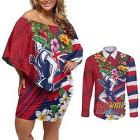 Hawaii Runner-Kakau Art with Lei and Plumeria Couples Matching Off Shoulder Short Dress and Long Sleeve Button Shirt