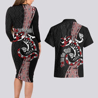 Aotearoa Toitu Te Tiriti Taniko Couples Matching Long Sleeve Bodycon Dress and Hawaiian Shirt Maori Taniwha Haka - Honour the Treaty