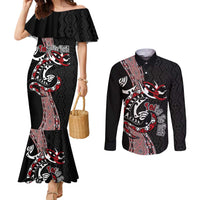 Aotearoa Toitu Te Tiriti Taniko Couples Matching Mermaid Dress and Long Sleeve Button Shirt Maori Taniwha Haka - Honour the Treaty LT03 Black - Polynesian Pride