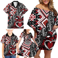 Aotearoa Maori Moko Art with Taniko Half Style Family Matching Off Shoulder Short Dress and Hawaiian Shirt