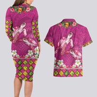 Hawaiian Lei Turtle and Plumeria Couples Matching Long Sleeve Bodycon Dress and Hawaiian Shirt Polynerian Art Tattoo-Plum Pink Color