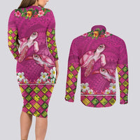Hawaiian Lei Turtle and Plumeria Couples Matching Long Sleeve Bodycon Dress and Long Sleeve Button Shirt Polynerian Art Tattoo-Plum Pink Color