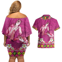 Hawaiian Lei Turtle and Plumeria Couples Matching Off Shoulder Short Dress and Hawaiian Shirt Polynerian Art Tattoo-Plum Pink Color