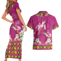 Hawaiian Lei Turtle and Plumeria Couples Matching Short Sleeve Bodycon Dress and Hawaiian Shirt Polynerian Art Tattoo-Plum Pink Color