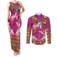 Hawaiian Lei Turtle and Plumeria Couples Matching Tank Maxi Dress and Long Sleeve Button Shirt Polynerian Art Tattoo-Plum Pink Color