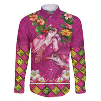 Hawaiian Lei Turtle and Plumeria Family Matching Off The Shoulder Long Sleeve Dress and Hawaiian Shirt Polynerian Art Tattoo-Plum Pink Color