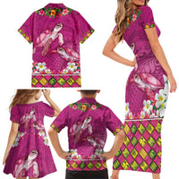 Hawaiian Lei Turtle and Plumeria Family Matching Short Sleeve Bodycon Dress and Hawaiian Shirt Polynerian Art Tattoo-Plum Pink Color