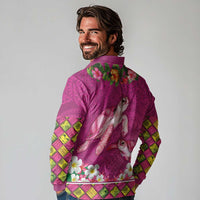 Hawaiian Lei Turtle and Plumeria Long Sleeve Polo Shirt Polynerian Art Tattoo-Plum Pink Color