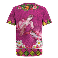 Hawaiian Lei Turtle and Plumeria Rugby Jersey Polynerian Art Tattoo-Plum Pink Color