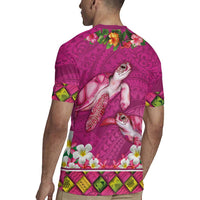 Hawaiian Lei Turtle and Plumeria Rugby Jersey Polynerian Art Tattoo-Plum Pink Color