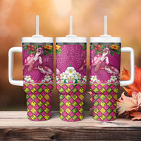 Hawaiian Lei Turtle and Plumeria Tumbler With Handle Polynerian Art Tattoo-Plum Pink Color