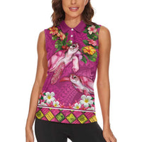Hawaiian Lei Turtle and Plumeria Women Sleeveless Polo Shirt Polynerian Art Tattoo-Plum Pink Color