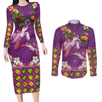 Hawaiian Lei Turtle and Plumeria Couples Matching Long Sleeve Bodycon Dress and Long Sleeve Button Shirt Polynerian Art Tattoo-Mauve Color