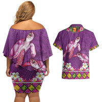 Hawaiian Lei Turtle and Plumeria Couples Matching Off Shoulder Short Dress and Hawaiian Shirt Polynerian Art Tattoo-Mauve Color