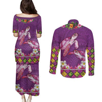 Hawaiian Lei Turtle and Plumeria Couples Matching Puletasi and Long Sleeve Button Shirt Polynerian Art Tattoo-Mauve Color