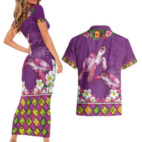 Hawaiian Lei Turtle and Plumeria Couples Matching Short Sleeve Bodycon Dress and Hawaiian Shirt Polynerian Art Tattoo-Mauve Color
