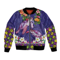 Hawaiian Lei Turtle and Plumeria Bomber Jacket Polynerian Art Tattoo-Navy Color