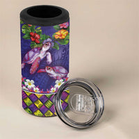 Hawaiian Lei Turtle and Plumeria 4 in 1 Can Cooler Tumbler Polynerian Art Tattoo-Navy Color