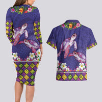 Hawaiian Lei Turtle and Plumeria Couples Matching Long Sleeve Bodycon Dress and Hawaiian Shirt Polynerian Art Tattoo-Navy Color