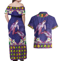 Hawaiian Lei Turtle and Plumeria Couples Matching Off Shoulder Maxi Dress and Hawaiian Shirt Polynerian Art Tattoo-Navy Color