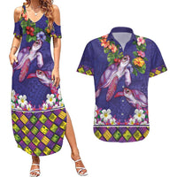 Hawaiian Lei Turtle and Plumeria Couples Matching Summer Maxi Dress and Hawaiian Shirt Polynerian Art Tattoo-Navy Color