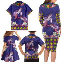 Hawaiian Lei Turtle and Plumeria Family Matching Long Sleeve Bodycon Dress and Hawaiian Shirt Polynerian Art Tattoo-Navy Color
