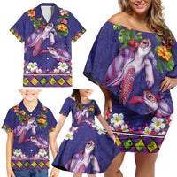 Hawaiian Lei Turtle and Plumeria Family Matching Off Shoulder Short Dress and Hawaiian Shirt Polynerian Art Tattoo-Navy Color