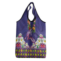 Hawaiian Lei Turtle and Plumeria Grocery Bag Polynerian Art Tattoo-Navy Color