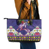 Hawaiian Lei Turtle and Plumeria Leather Tote Bag Polynerian Art Tattoo-Navy Color