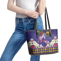 Hawaiian Lei Turtle and Plumeria Leather Tote Bag Polynerian Art Tattoo-Navy Color