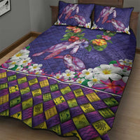 Hawaiian Lei Turtle and Plumeria Quilt Bed Set Polynerian Art Tattoo-Navy Color
