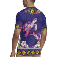 Hawaiian Lei Turtle and Plumeria Rugby Jersey Polynerian Art Tattoo-Navy Color
