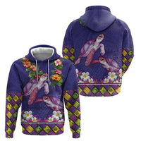 Hawaiian Lei Turtle and Plumeria Zip Hoodie Polynerian Art Tattoo-Navy Color