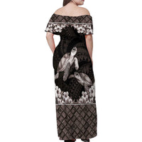 Hawaiian Lei Turtle and Plumeria Family Matching Off Shoulder Maxi Dress and Hawaiian Shirt Polynerian Art Tattoo-Grayscale Mode