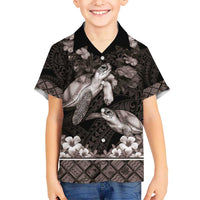 Hawaiian Lei Turtle and Plumeria Kid Hawaiian Shirt Polynerian Art Tattoo-Grayscale Mode