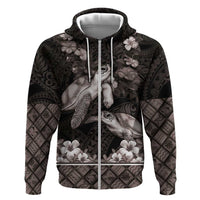 Hawaiian Lei Turtle and Plumeria Zip Hoodie Polynerian Art Tattoo-Grayscale Mode