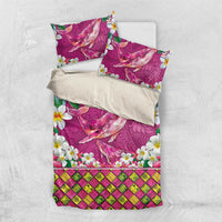 Hawaiian Plumeria and Humpback Whales Bedding Set Polynerian Art Tattoo-Plum Pink Color