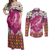 Hawaiian Plumeria and Humpback Whales Couples Matching Off Shoulder Maxi Dress and Long Sleeve Button Shirt Polynerian Art Tattoo-Plum Pink Color
