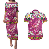 Hawaiian Plumeria and Humpback Whales Couples Matching Puletasi and Hawaiian Shirt Polynerian Art Tattoo-Plum Pink Color
