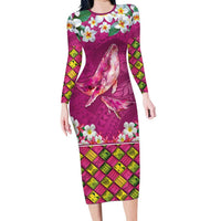 Hawaiian Plumeria and Humpback Whales Family Matching Long Sleeve Bodycon Dress and Hawaiian Shirt Polynerian Art Tattoo-Plum Pink Color LT03 Mom's Dress Pink - Polynesian Pride