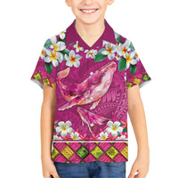 Hawaiian Plumeria and Humpback Whales Family Matching Puletasi and Hawaiian Shirt Polynerian Art Tattoo-Plum Pink Color LT03 Son's Shirt Pink - Polynesian Pride
