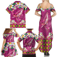 Hawaiian Plumeria and Humpback Whales Family Matching Summer Maxi Dress and Hawaiian Shirt Polynerian Art Tattoo-Plum Pink Color
