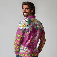 Hawaiian Plumeria and Humpback Whales Long Sleeve Polo Shirt Polynerian Art Tattoo-Plum Pink Color LT03 - Polynesian Pride