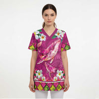 Hawaiian Plumeria and Humpback Whales Scrub Top Polynerian Art Tattoo-Plum Pink Color LT03 - Polynesian Pride