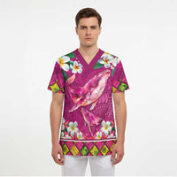 Hawaiian Plumeria and Humpback Whales Scrub Top Polynerian Art Tattoo-Plum Pink Color LT03 - Polynesian Pride