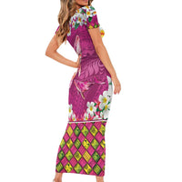 Hawaiian Plumeria and Humpback Whales Short Sleeve Bodycon Dress Polynerian Art Tattoo-Plum Pink Color LT03 - Polynesian Pride