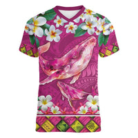 Hawaiian Plumeria and Humpback Whales Women V-Neck T-Shirt Polynerian Art Tattoo-Plum Pink Color LT03 Female Pink - Polynesian Pride