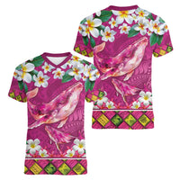 Hawaiian Plumeria and Humpback Whales Women V-Neck T-Shirt Polynerian Art Tattoo-Plum Pink Color LT03 - Polynesian Pride
